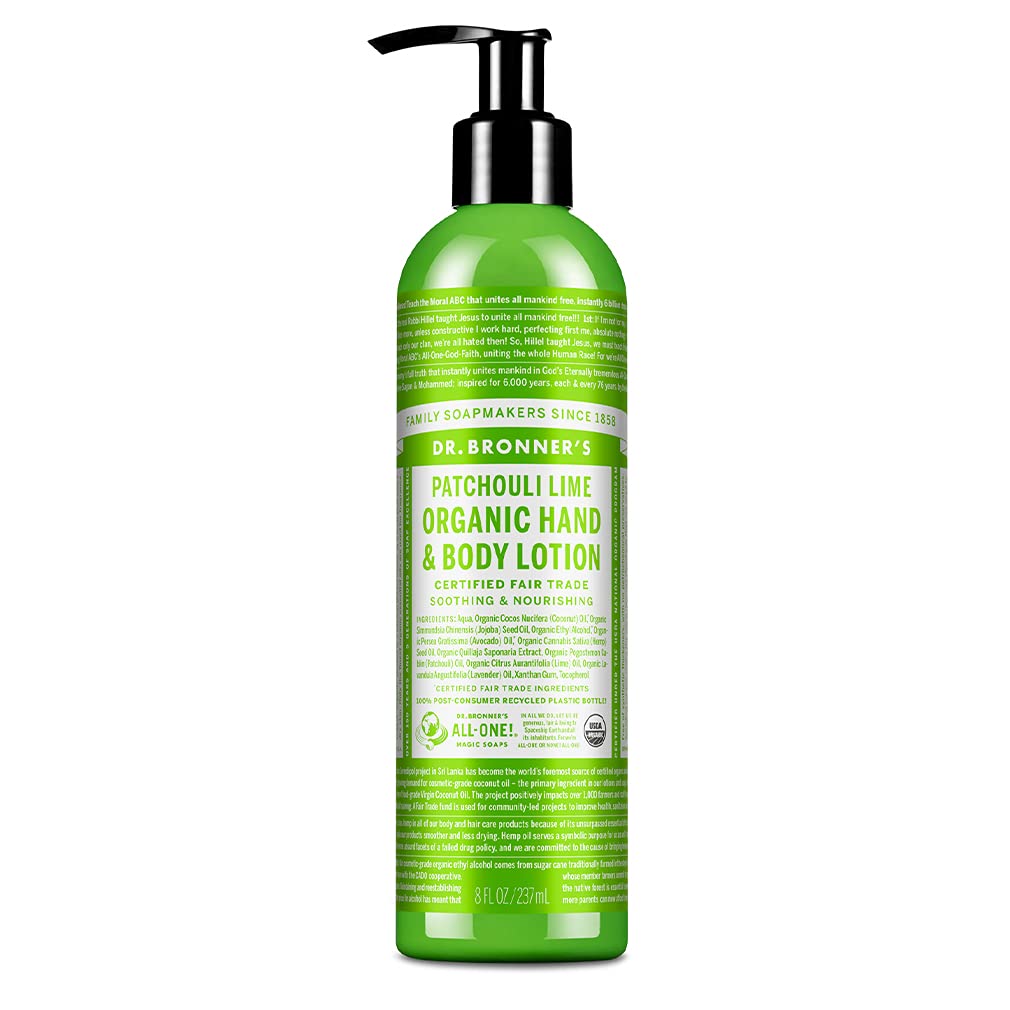 Dr. Bronner's Organic Lotion Patchouli Lime bottle shows soothing, deep hydration with organic oils.
