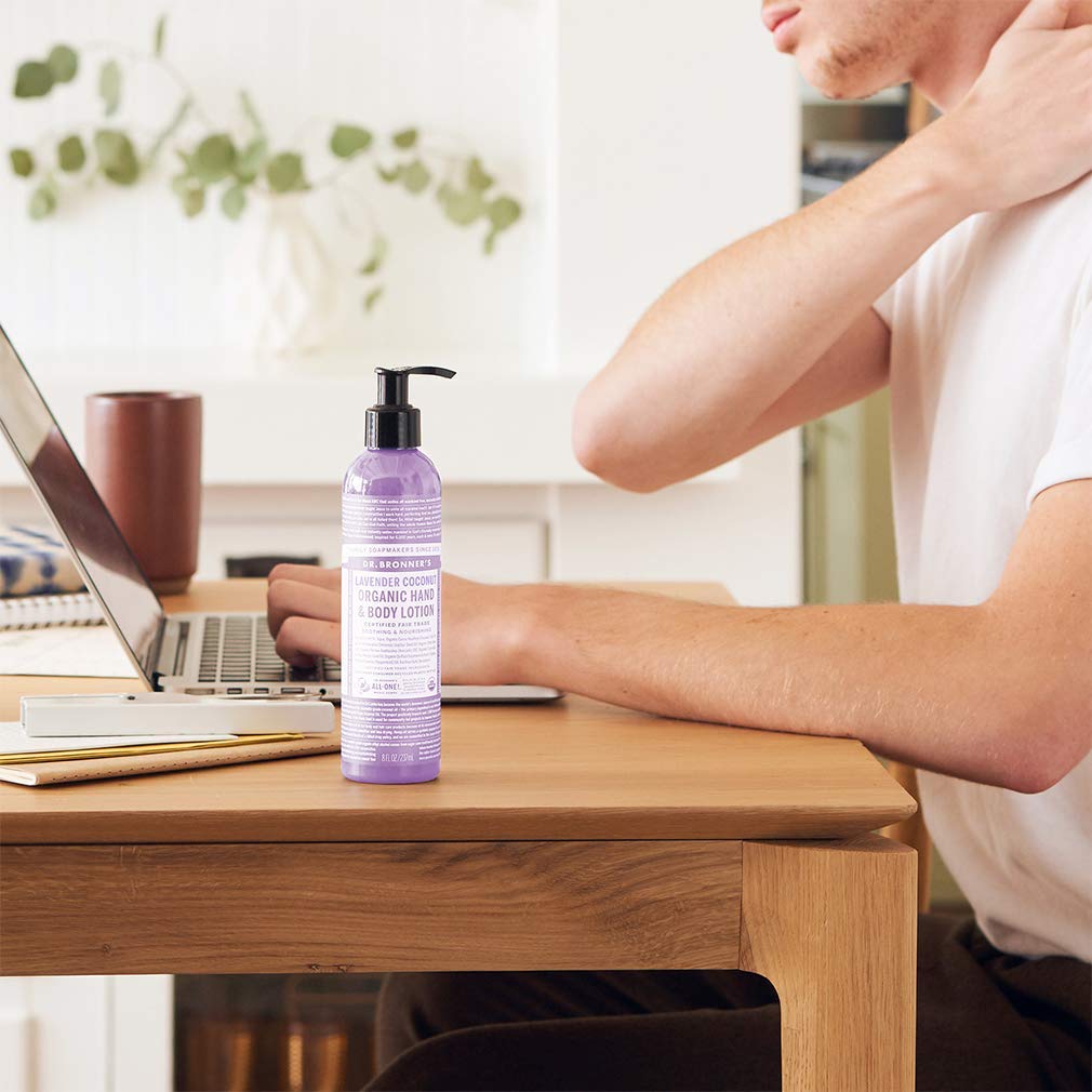 Dr. Bronner's Patchouli Lime lotion bottle with earthy aroma and long-lasting moisture.