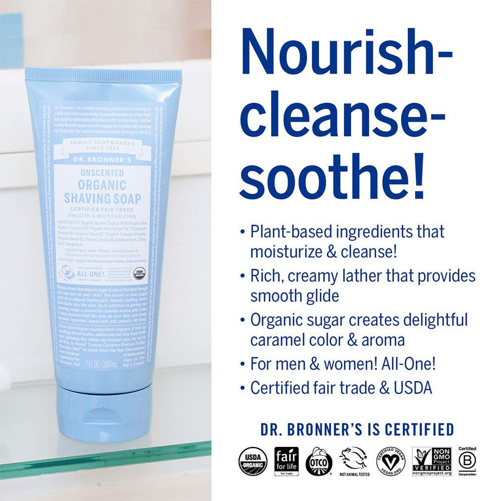 Dr. Bronner's Lavender shaving soap bar closeup highlights rich natural ingredients.