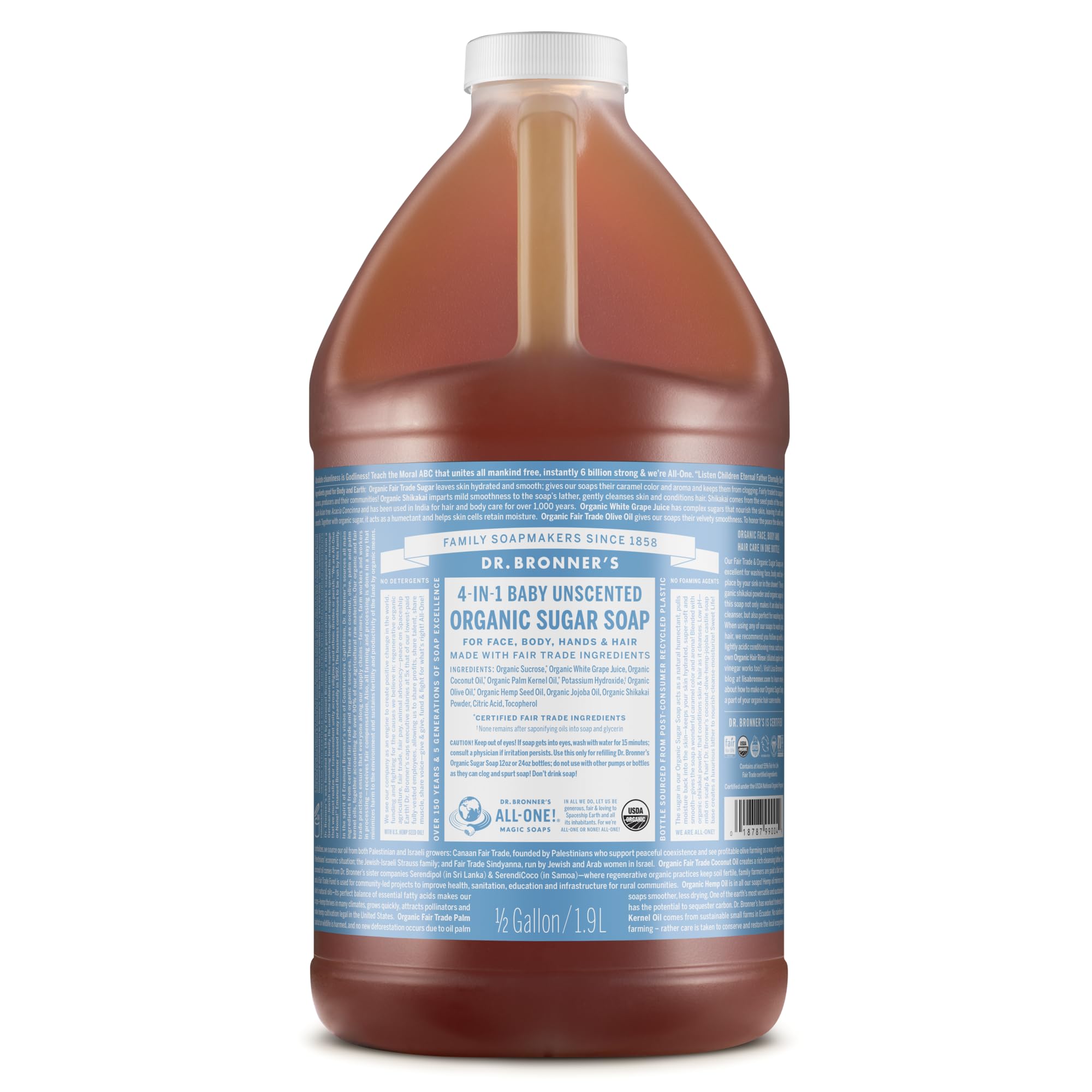 Dr. Bronner's Baby Unscented Organic Sugar Soap bottle ready for all-in-one cleansing.