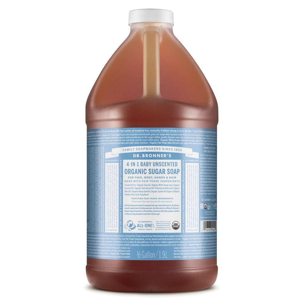 Dr. Bronner's Baby Unscented Organic Sugar Soap bottle ready for all-in-one cleansing.