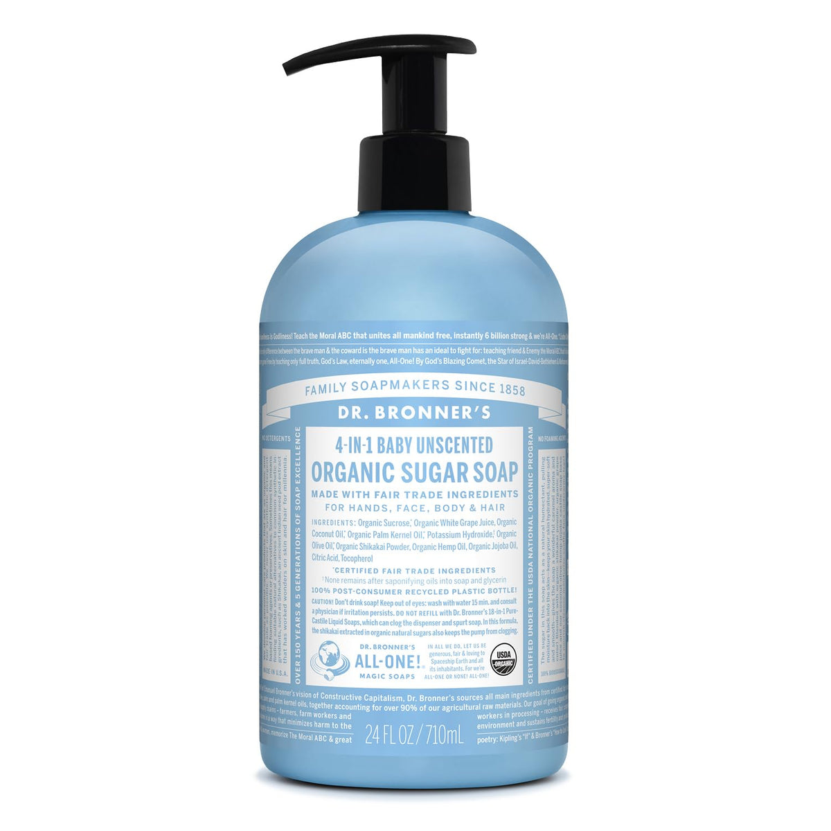 Dr. Bronner's Organic Sugar Soap baby unscented bottle for gentle all-over cleansing