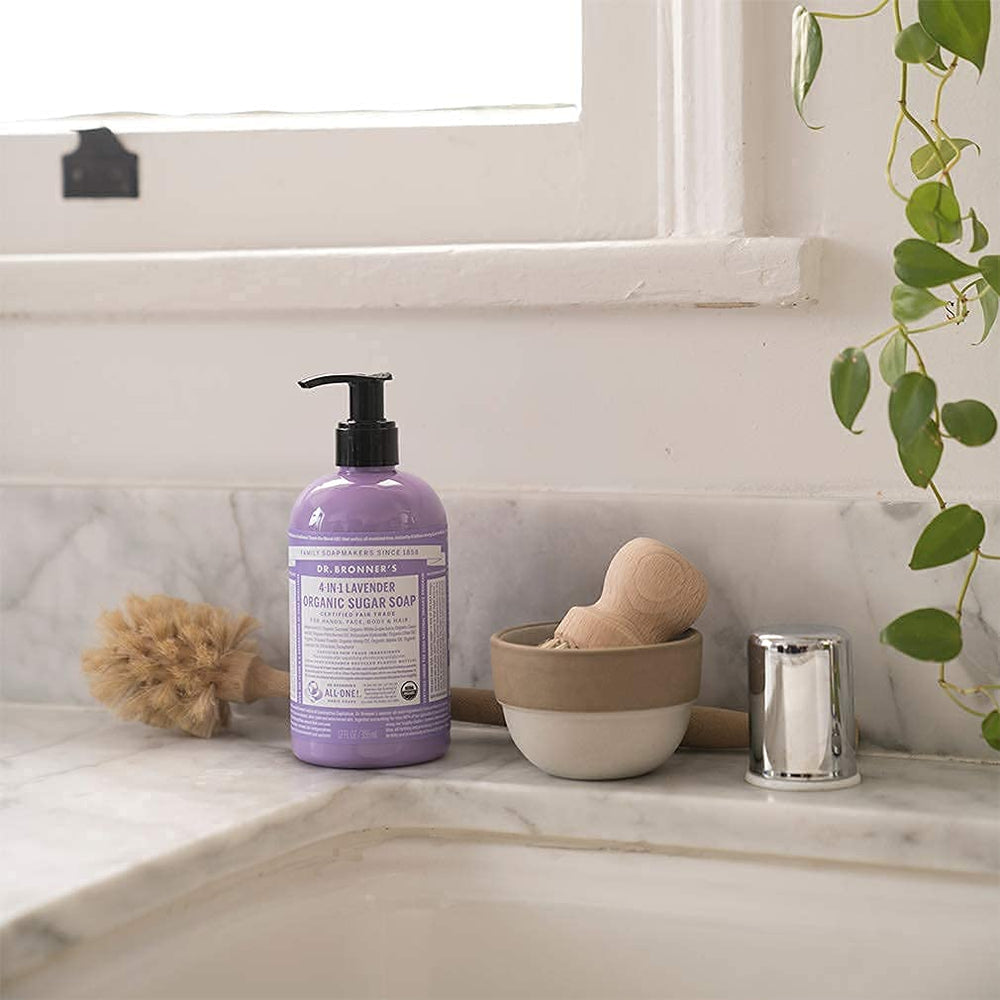 Close-up of creamy lather from Dr. Bronner's Organic Sugar Soap for gentle cleansing.