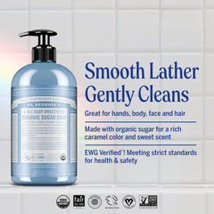 Dr. Bronner's Organic Sugar Soap hand lather close-up for gentle everyday cleansing.