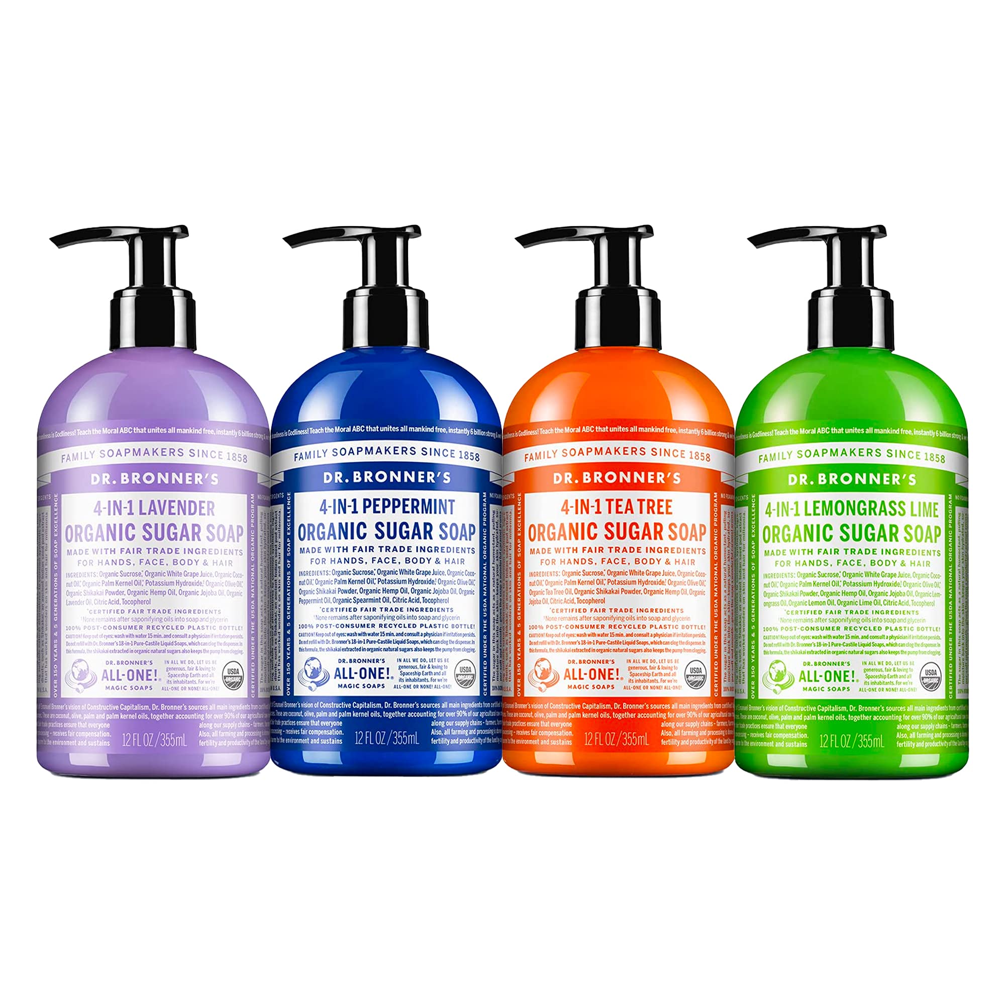 Dr. Bronner's Lavender Sugar Soap bottle offers calming aromatherapy while cleansing skin.