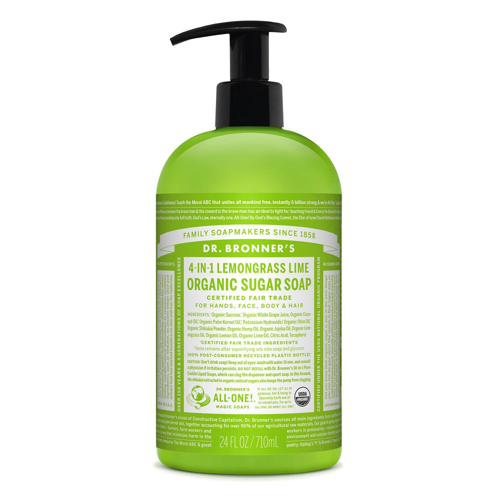 Dr. Bronner's Organic Sugar Soap Lemongrass bottle front for gentle cleansing and hydration