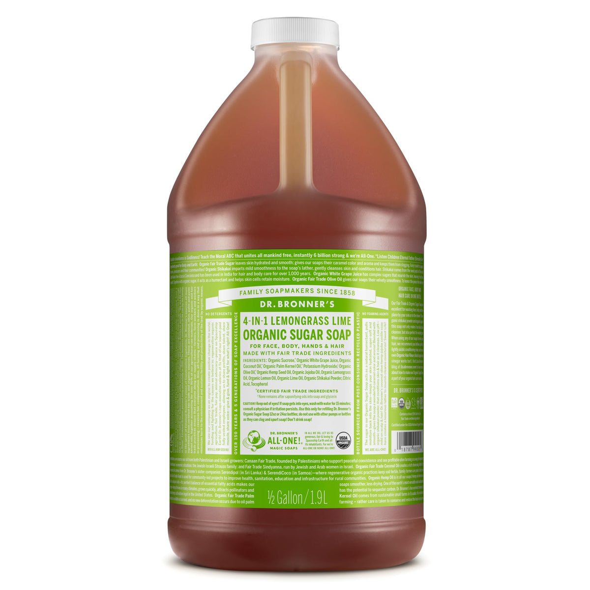 Dr. Bronner's Organic Sugar Soap Lemongrass bottle-pour — gentle cleansing for hands and body.