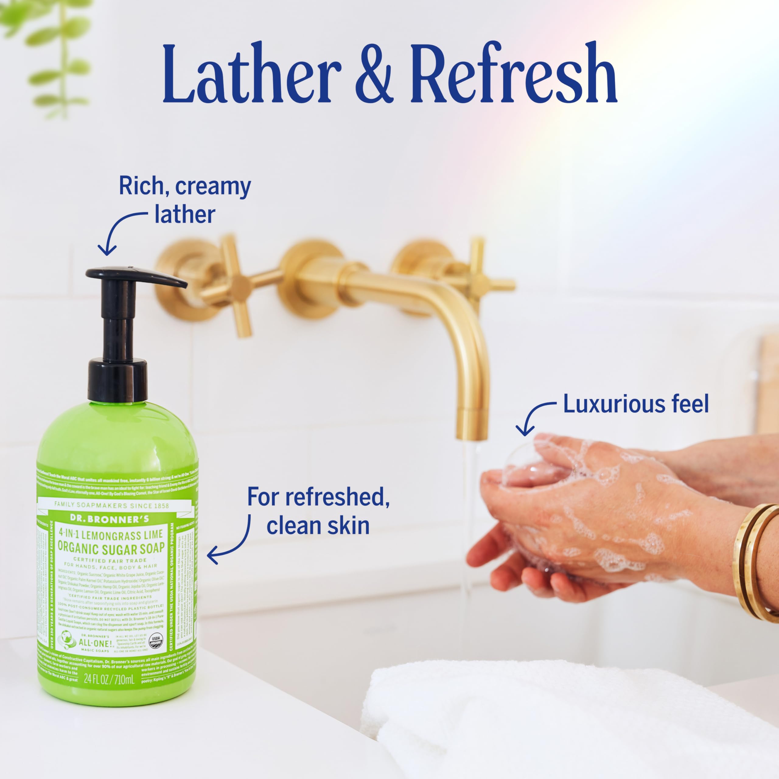 Dr. Bronner's Organic Sugar Soap Lemongrass hair — follow with citrus rinse for softness.