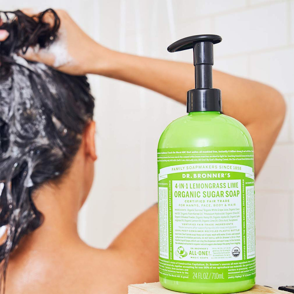 Dr. Bronner's Organic Sugar Soap Lemongrass hands — daily wash leaves skin hydrated.