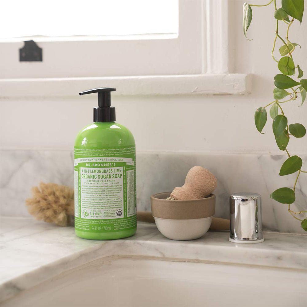 Dr. Bronner's Organic Sugar Soap ingredients – fair trade, organic oils for creamy lather.