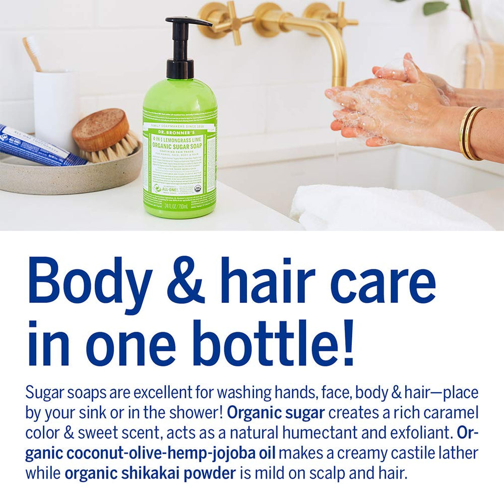 Dr. Bronner's Organic Sugar Soap lemongrass lather-closeup highlights creamy castile foam with organic oils.