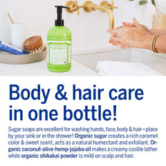 Dr. Bronner's Organic Sugar Soap lemongrass lather-closeup highlights creamy castile foam with organic oils.