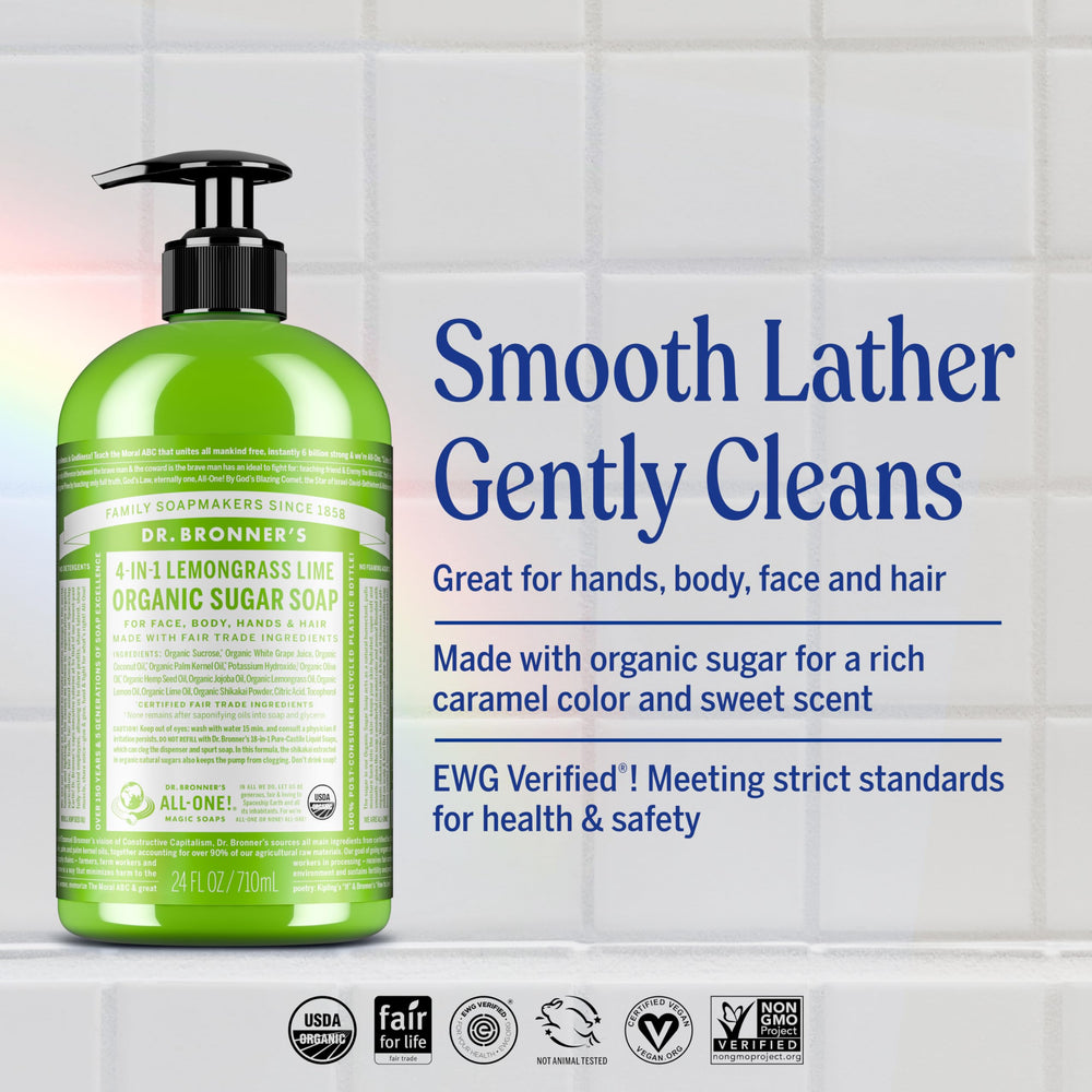 Dr. Bronner's Organic Sugar Soap Lemongrass lather-closeup — creamy castile cleansing with soothing aroma.