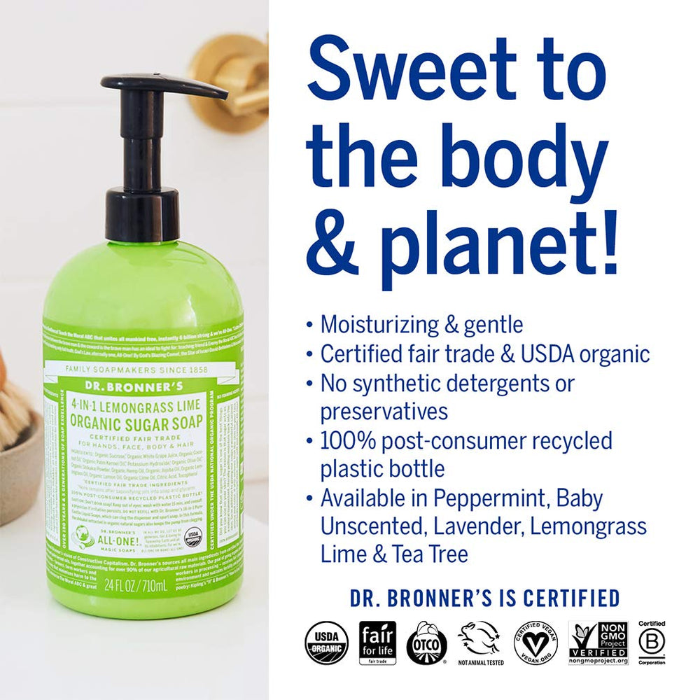 Dr. Bronner's Organic Sugar Soap lemongrass oils-blend conveys creamy lather from coconut-olive-hemp oils.