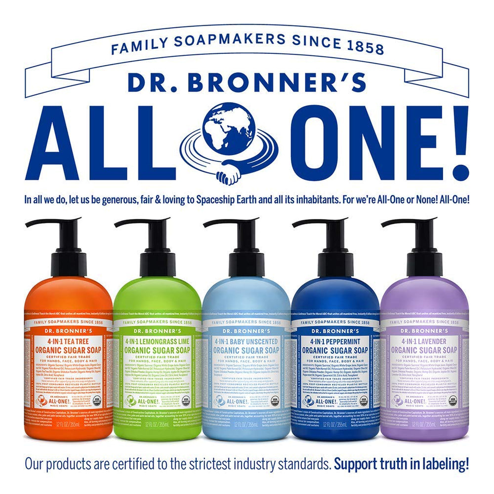 Recycled packaging showcases Dr. Bronner's commitment to sustainable materials.