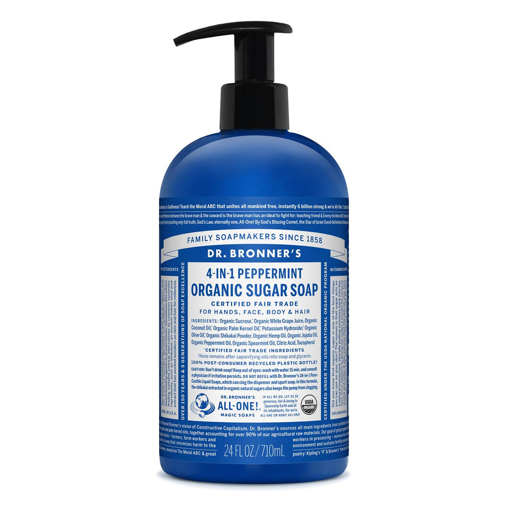 Dr. Bronner's Organic Sugar Soap Peppermint bottle ready for daily cleanse