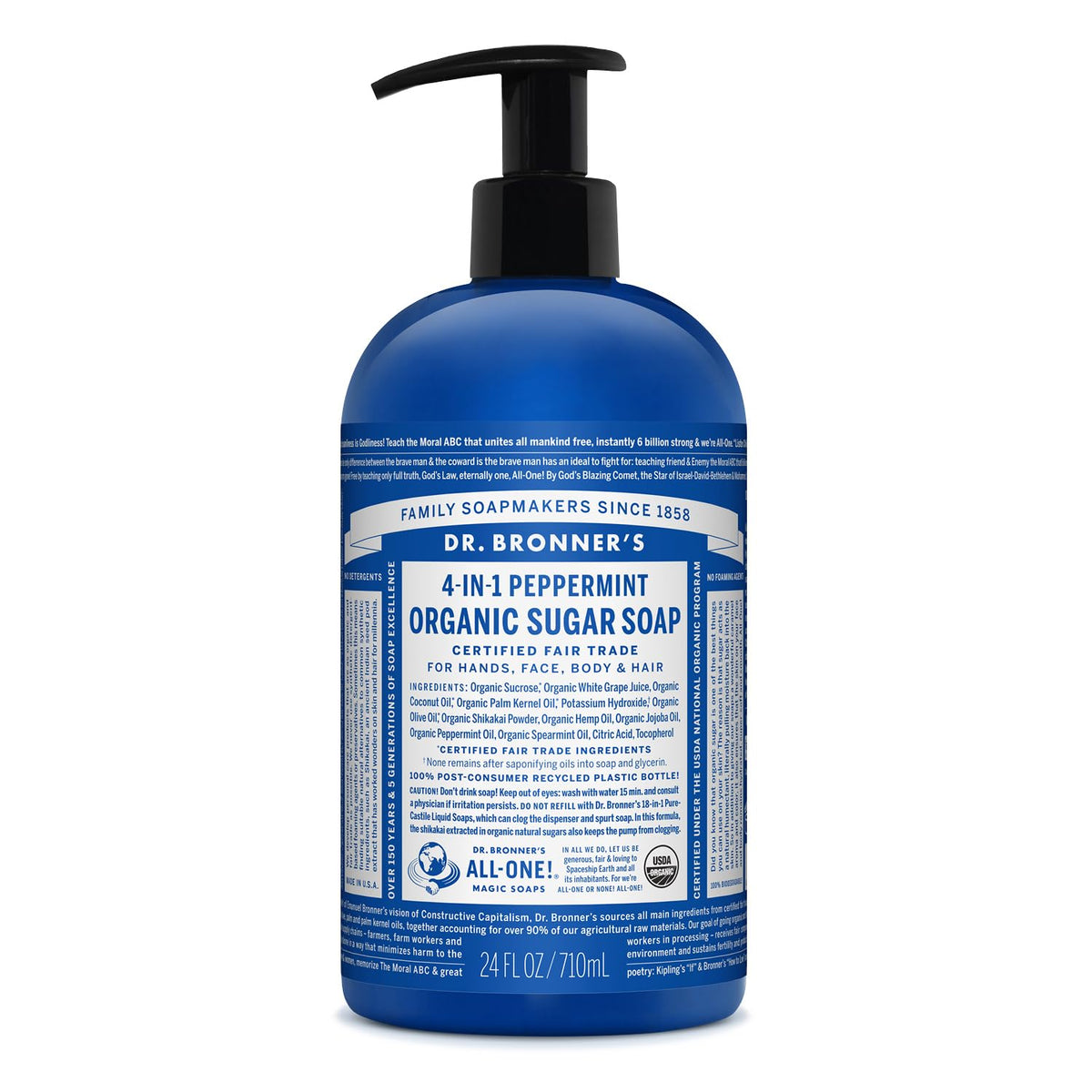 Dr. Bronner's Organic Sugar Soap Peppermint bottle ready for daily cleanse