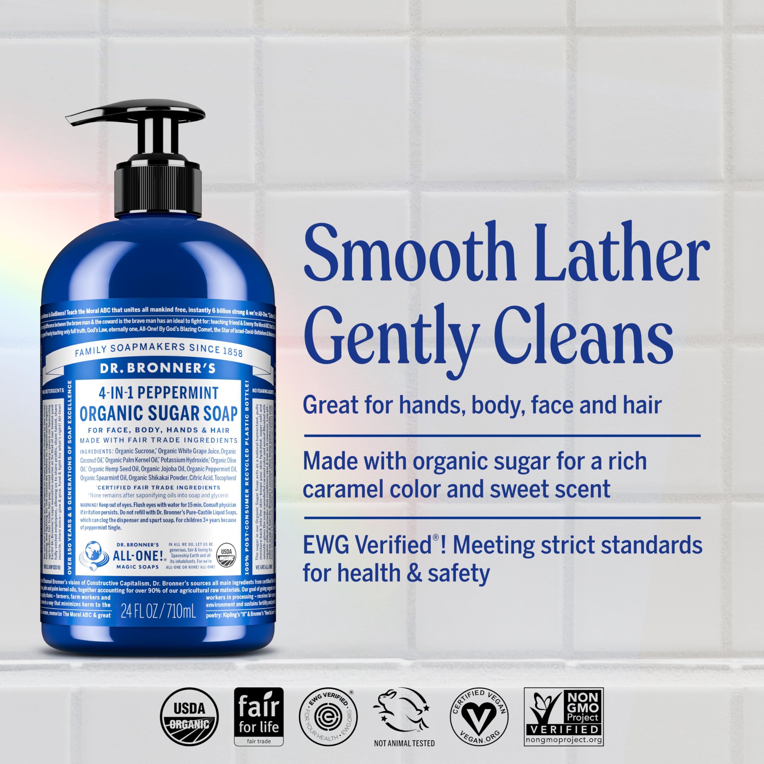 Dr. Bronner's Peppermint Sugar Soap bottle shows eco packaging and versatile cleansing options