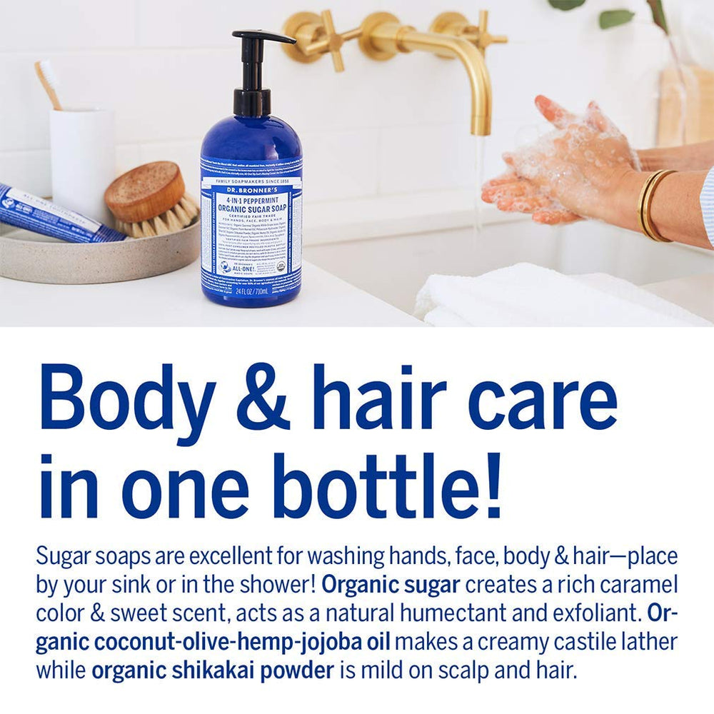 Dr. Bronner's Peppermint Sugar Soap bottle provides a refreshing, cooling cleanse.
