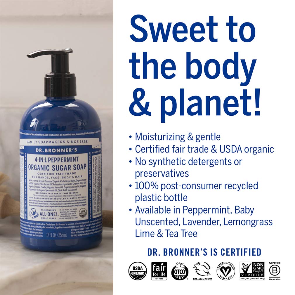 Dr. Bronner's peppermint soap after rinse leaves smooth, hydrated skin.