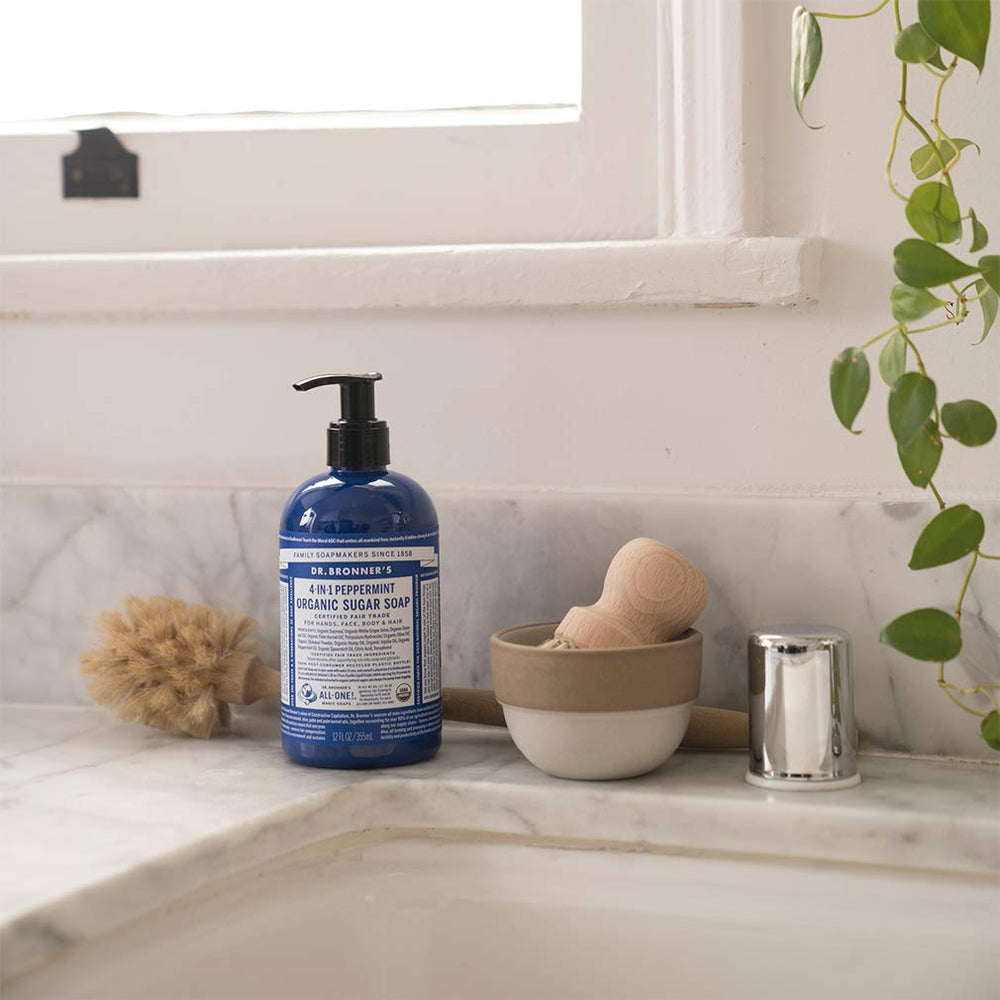 Dr. Bronner's peppermint soap for hands' daily wash with refreshing scent.