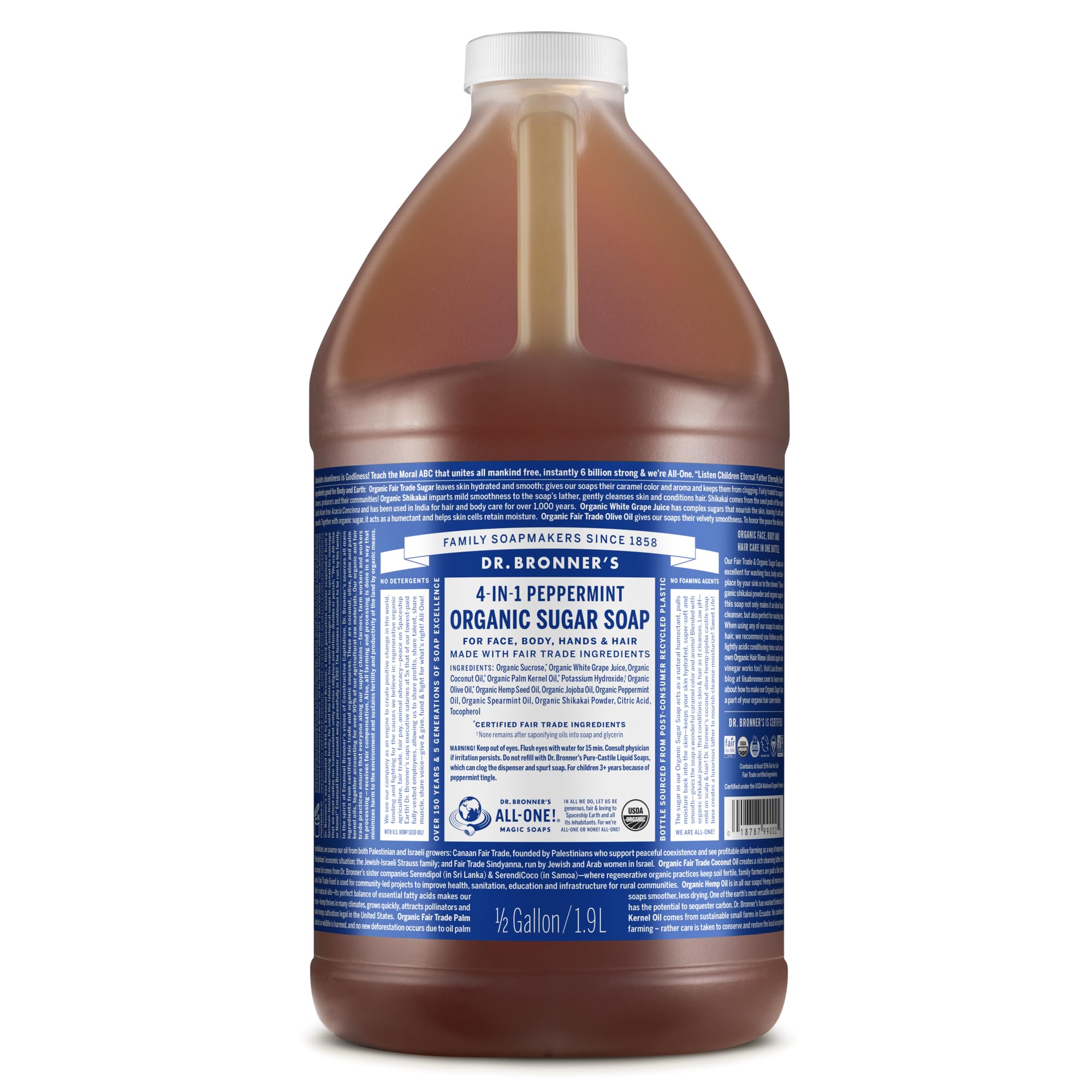 Dr. Bronner's Peppermint Sugar Soap pour bottle offers a refreshing 4-in-1 cleanse