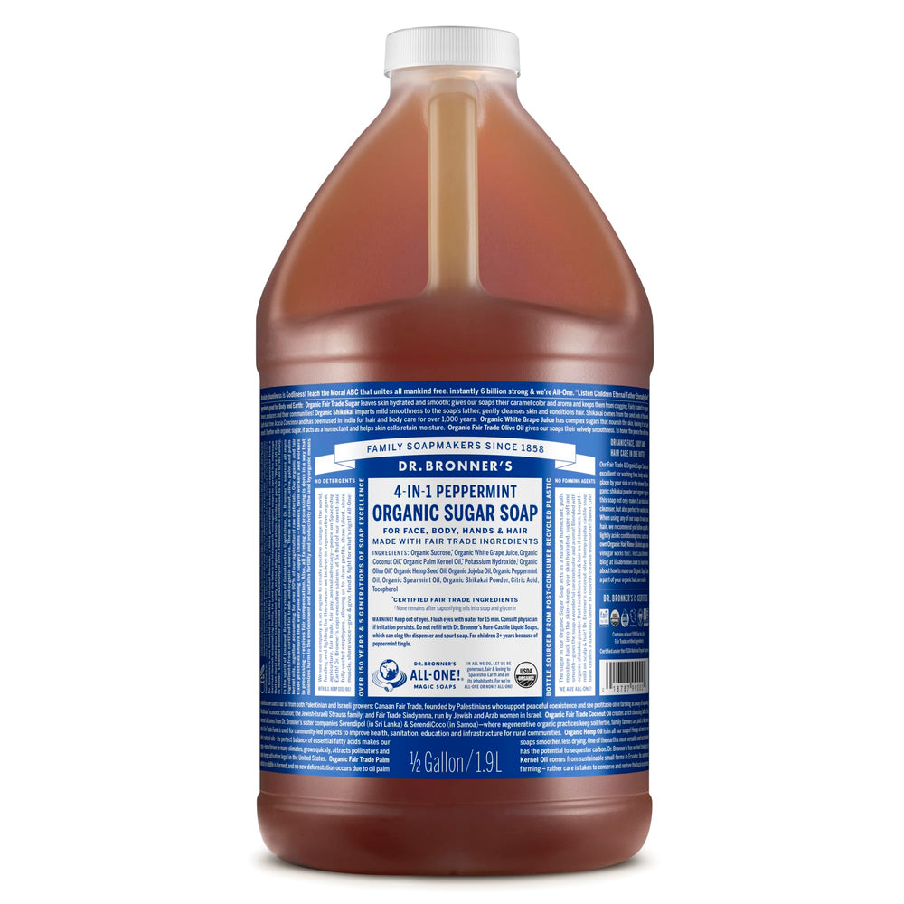 Dr. Bronner's Peppermint Sugar Soap pour bottle offers a refreshing 4-in-1 cleanse