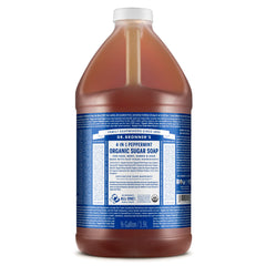 Dr. Bronner's Peppermint Sugar Soap pour bottle offers a refreshing 4-in-1 cleanse