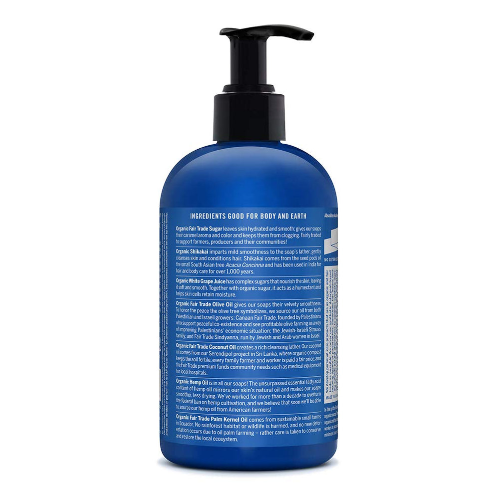 Dr. Bronner's peppermint soap in shower scene ready for body, face and hair cleanse.