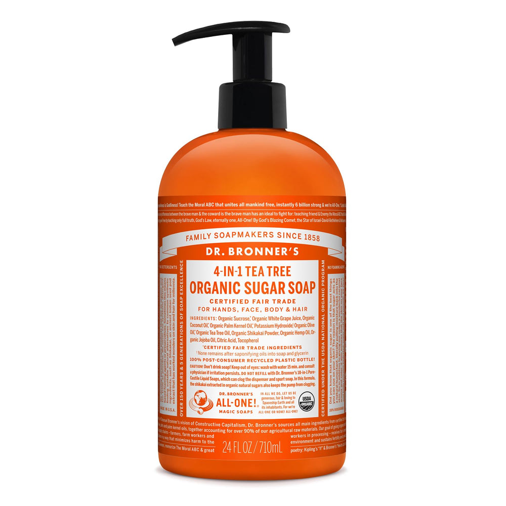 Dr. Bronner's Organic Sugar Soap Tea Tree bottle delivers creamy cleansing for everyday use.