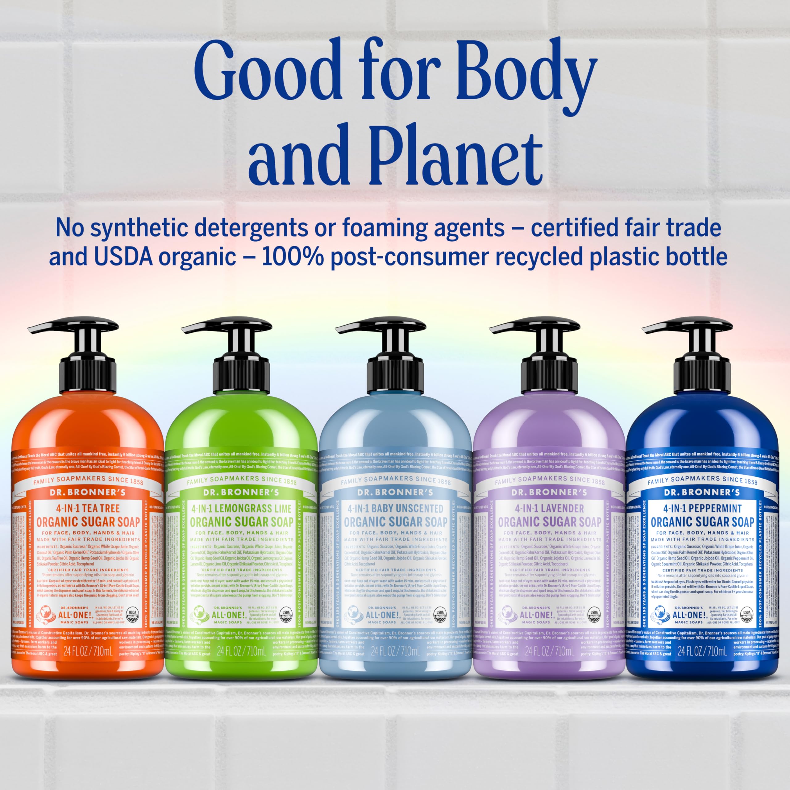 Dr. Bronner's Unscented label emphasizes no added fragrance for sensitive skin.