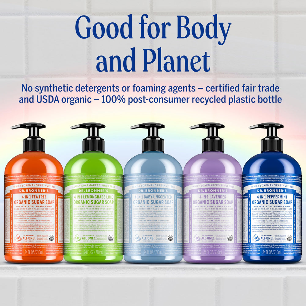 Dr. Bronner's Unscented label emphasizes no added fragrance for sensitive skin.