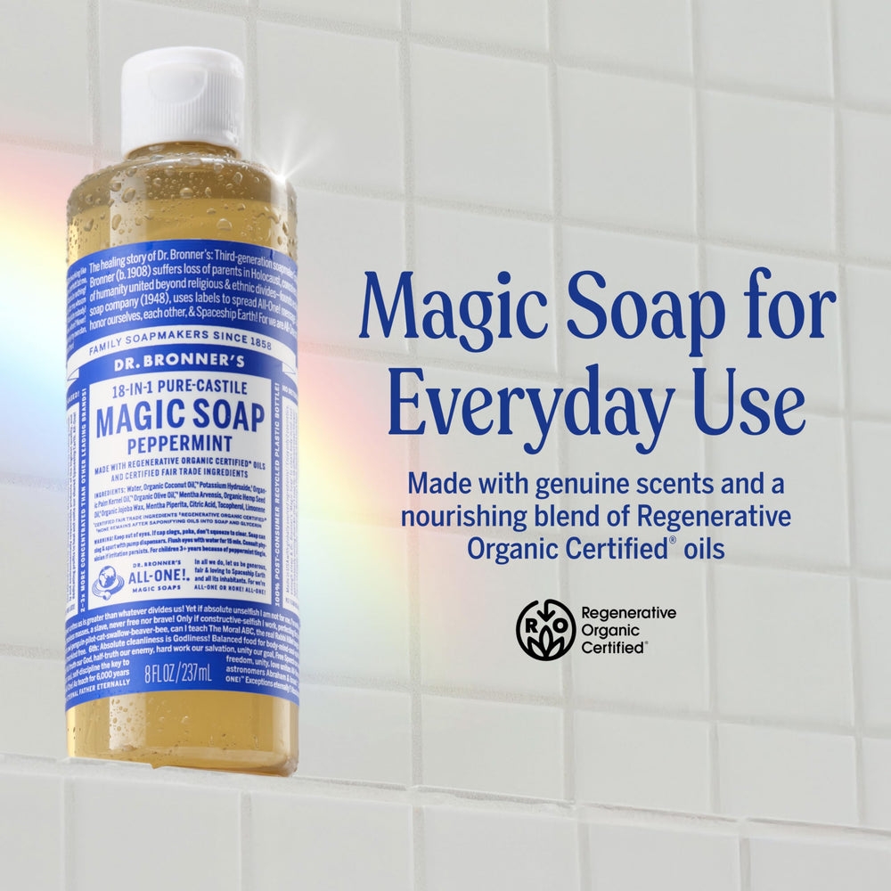 Dr. Bronner's peppermint lather close-up, showing rich foam for skin and bath use.