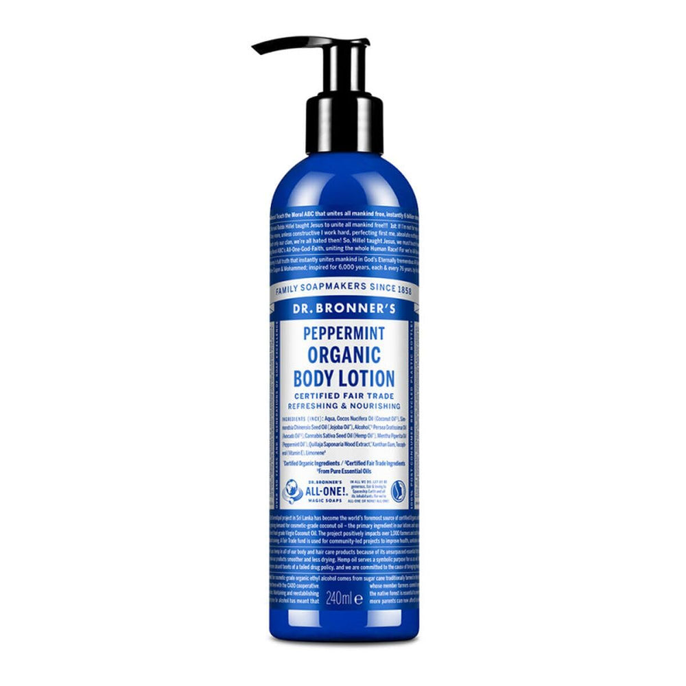 Dr. Bronner's Peppermint Lotion bottle highlighting organic oils for cooling hydration.