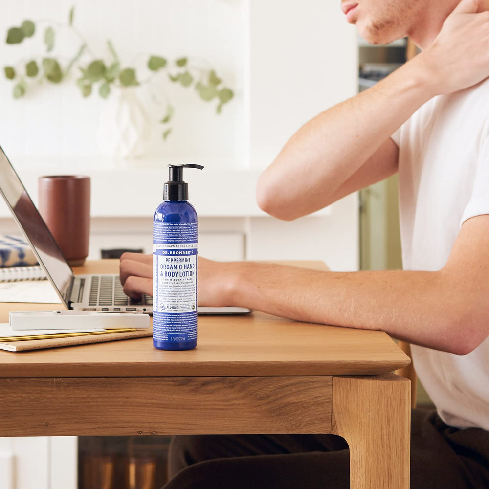 Ingredient panel of Dr. Bronner's Peppermint Lotion featuring jojoba and coconut oils.