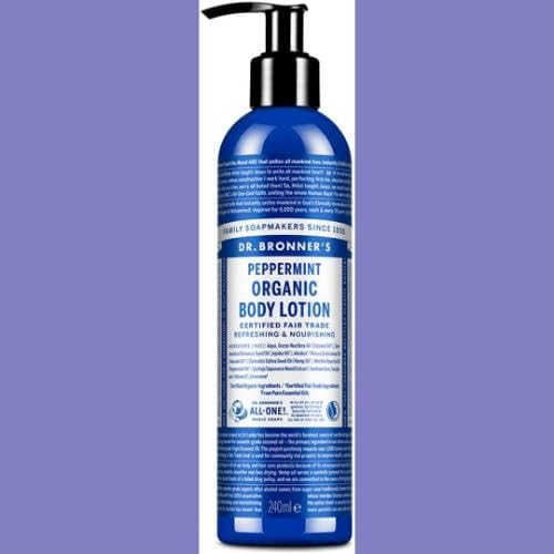 Recycled packaging of Dr. Bronner's Peppermint Lotion promoting sustainability.