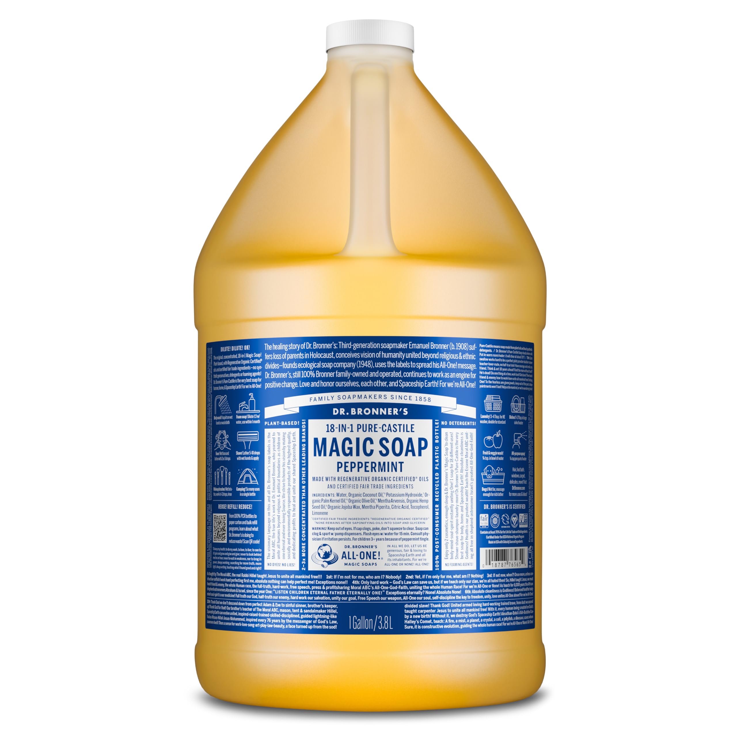 Dr. Bronner's peppermint pure-castile liquid soap bottle pouring for multipurpose cleaning