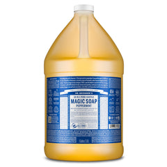 Dr. Bronner's peppermint pure-castile liquid soap bottle pouring for multipurpose cleaning