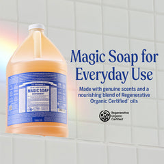 Dr. Bronner's peppermint pure-castile liquid soap pouring to show versatility