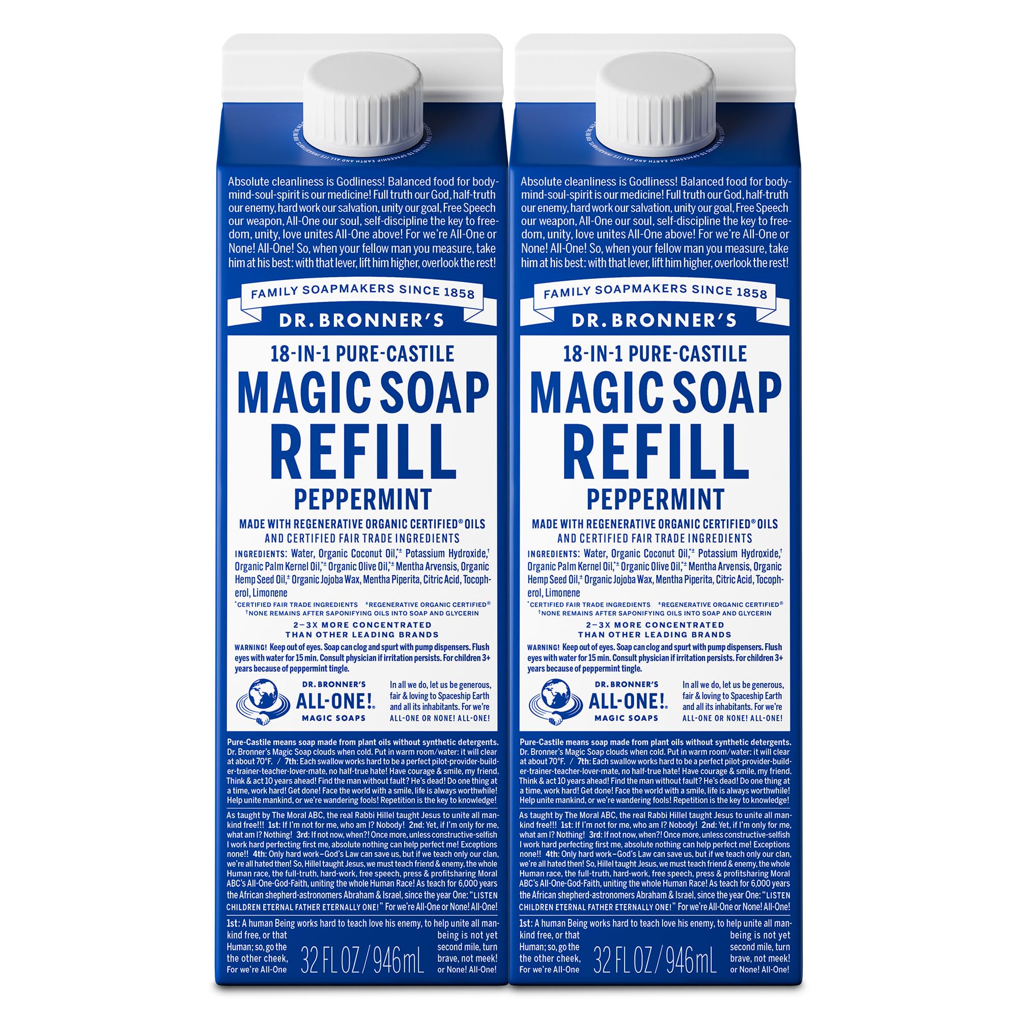 Dr. Bronner's Peppermint Pure-Castile refill bottle for easy, cost-saving home cleaning
