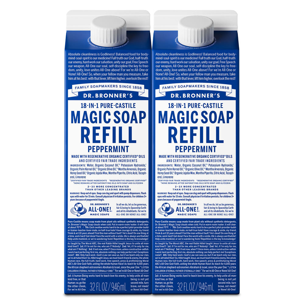 Dr. Bronner's Peppermint Pure-Castile refill bottle for easy, cost-saving home cleaning
