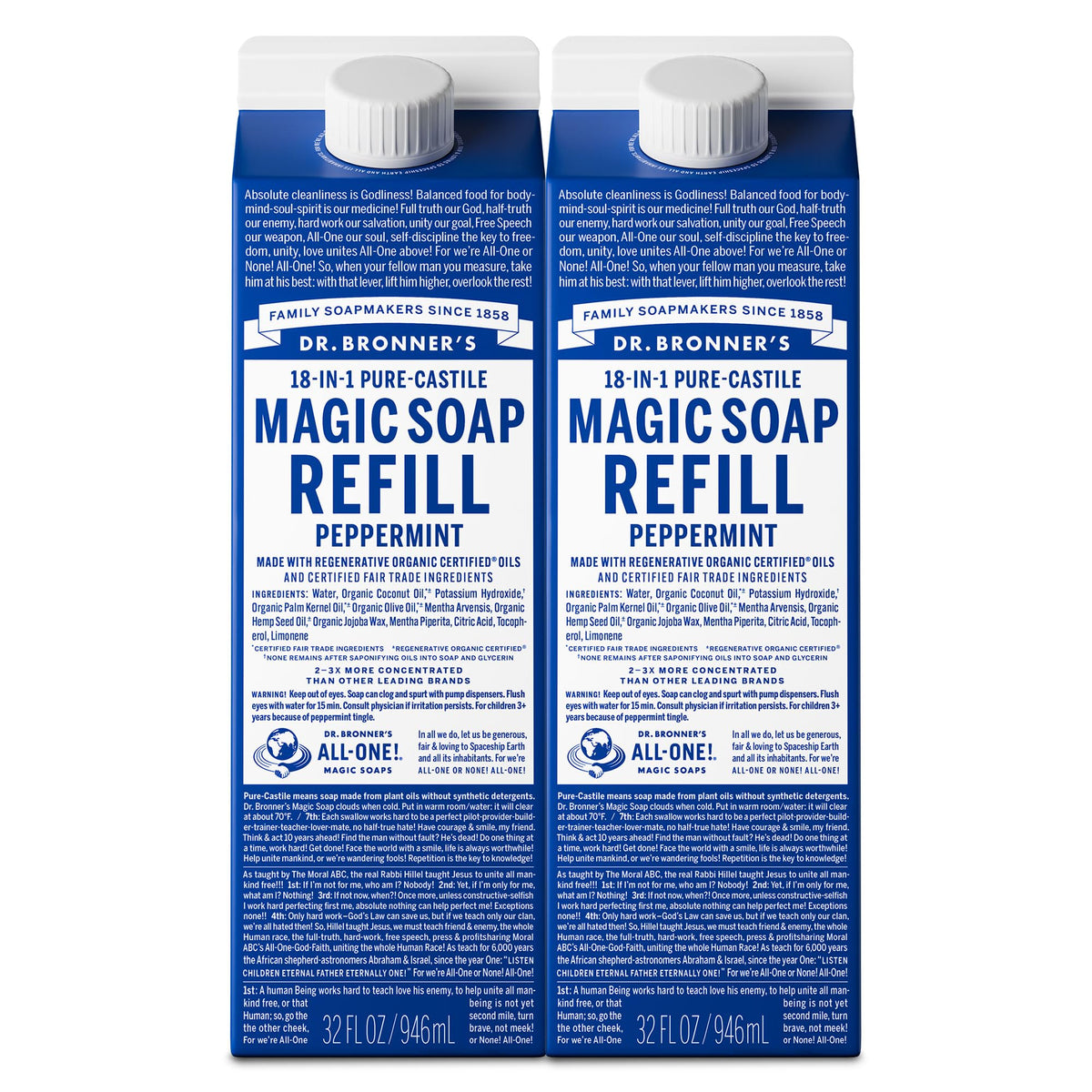 Dr. Bronner's Peppermint Pure-Castile refill bottle for easy, cost-saving home cleaning