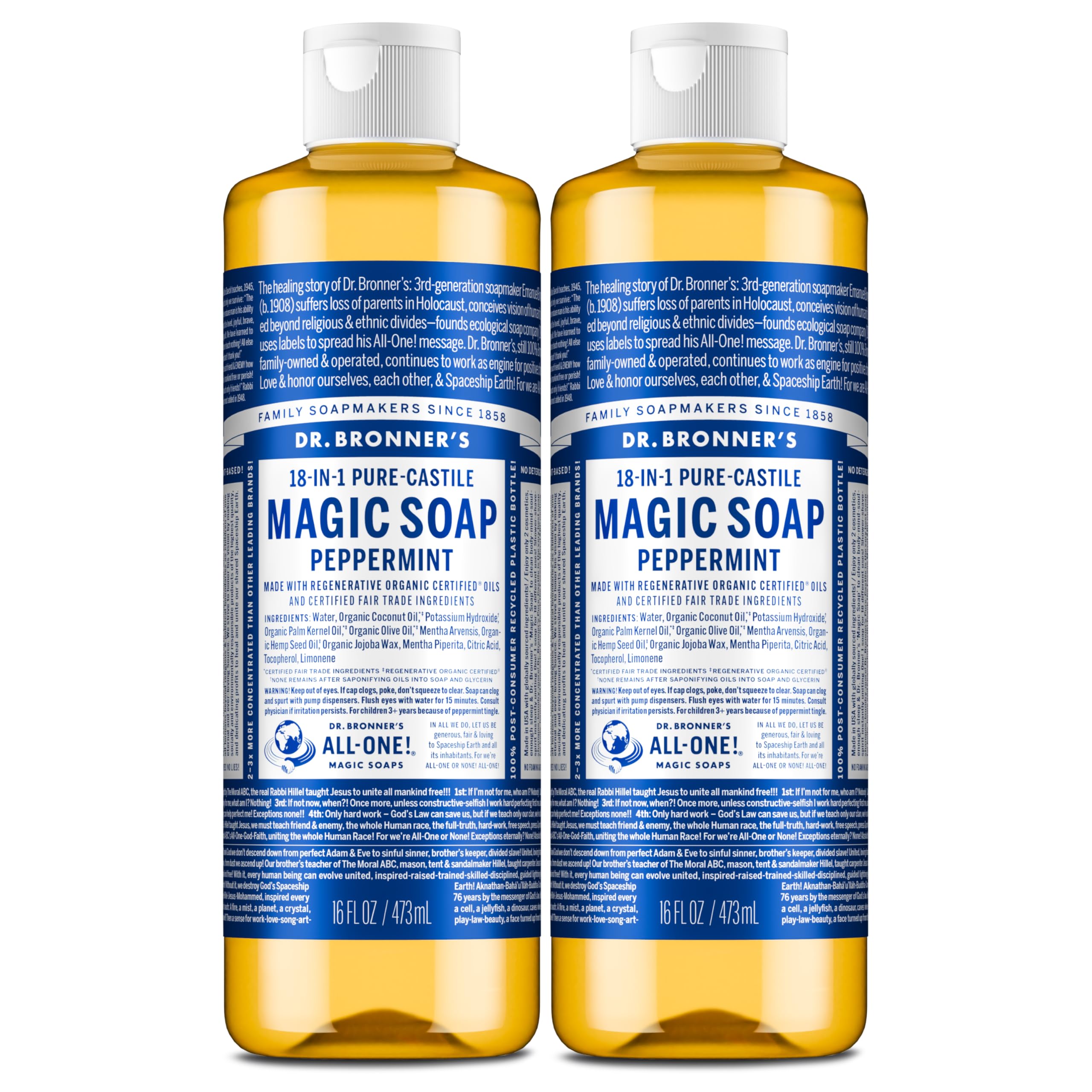 Dr. Bronner's peppermint soap bottle close-up highlighting concentrated castile formula for versatile cleaning