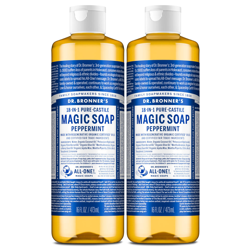 Dr. Bronner's peppermint soap bottle close-up highlighting concentrated castile formula for versatile cleaning
