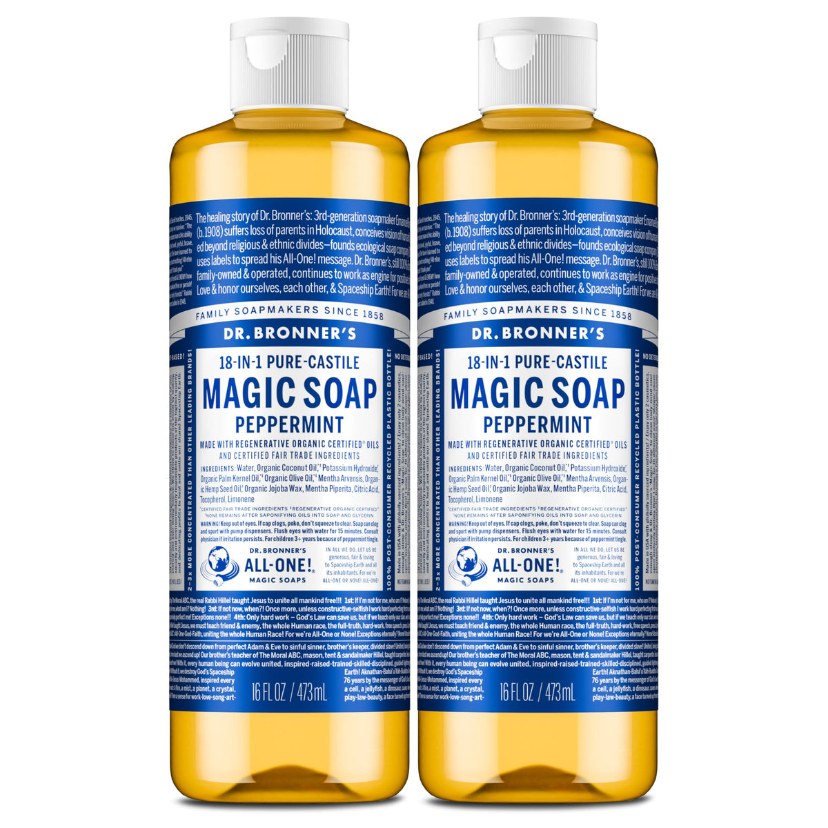 Dr. Bronner's peppermint soap bottle close-up highlighting concentrated castile formula for versatile cleaning