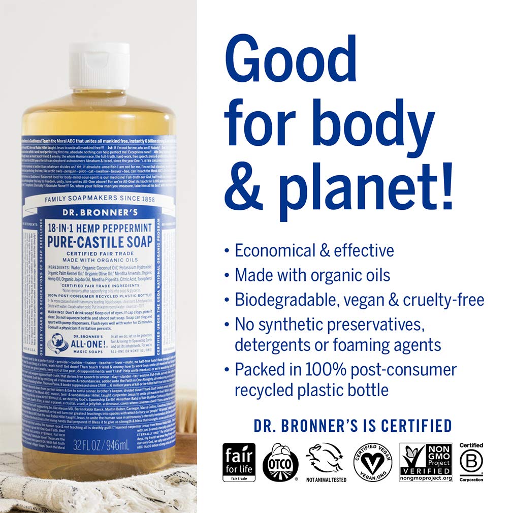 Dr. Bronner's Peppermint lather close-up highlighting rich foam for refreshing cleansing.