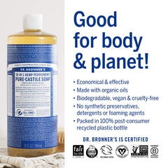 Dr. Bronner's Peppermint lather close-up highlighting rich foam for refreshing cleansing.