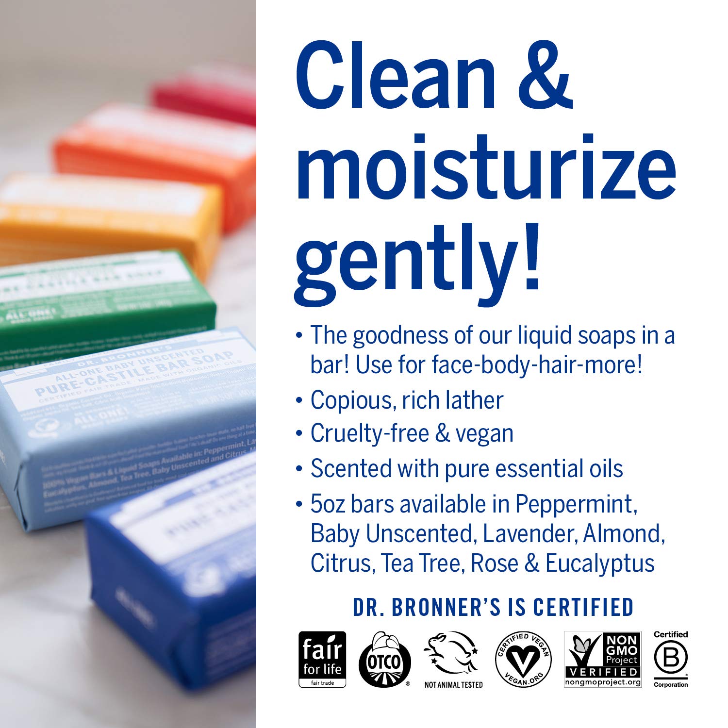 Dr. Bronner's post-consumer recycled packaging reduces waste.