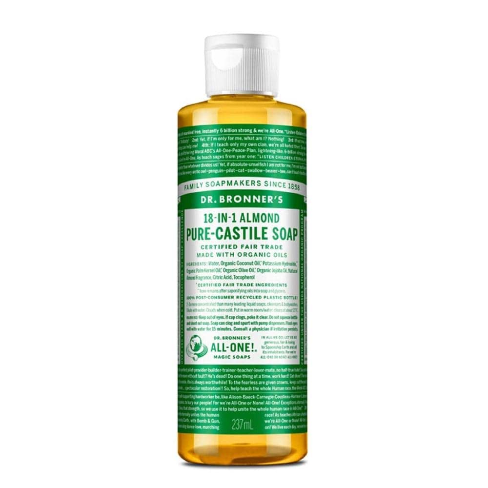 Dr. Bronner's Almond Castile soap bottle-front for versatile all-in-one cleaning.