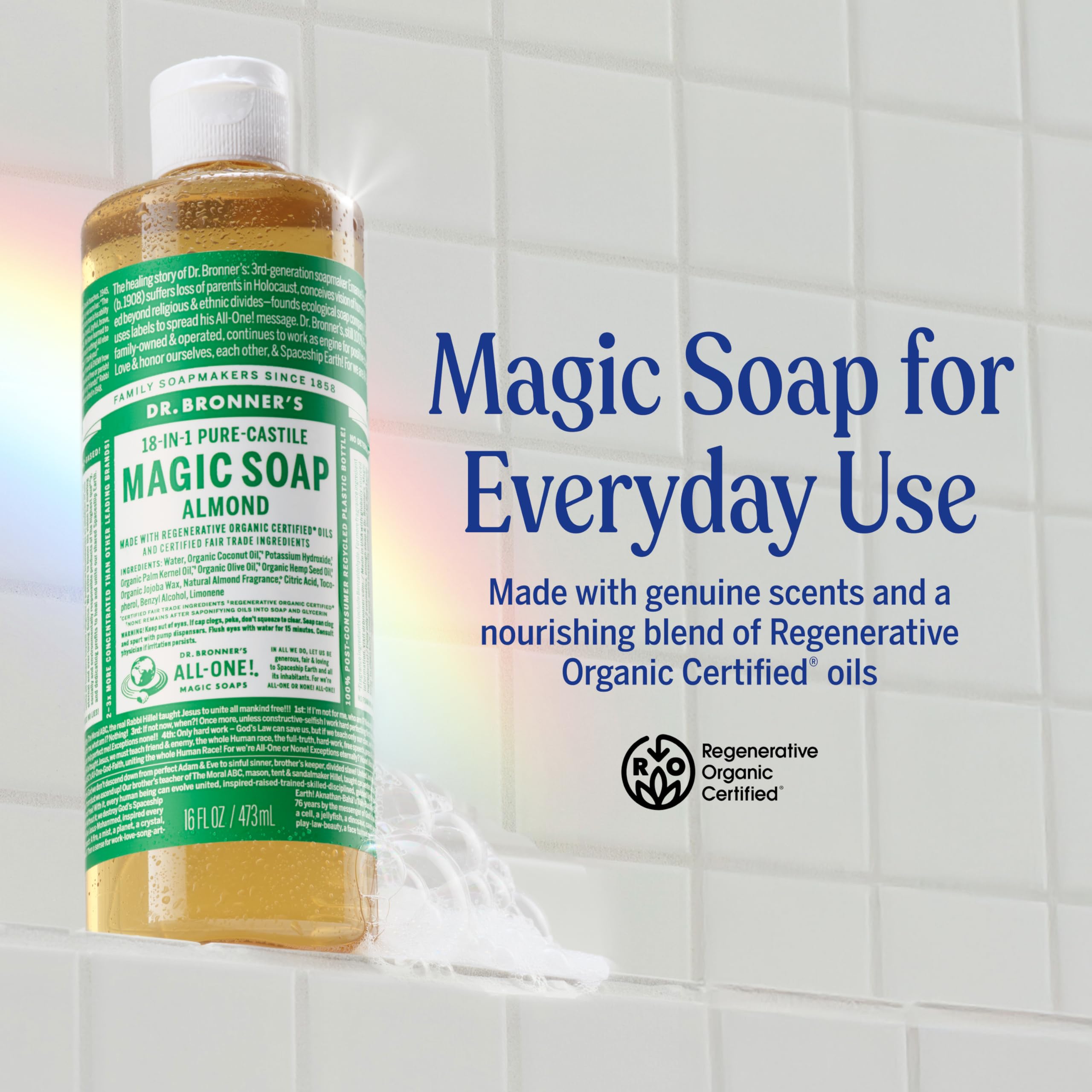 Dr. Bronner's almond castile oil bottle highlights organic oils and sustainability.